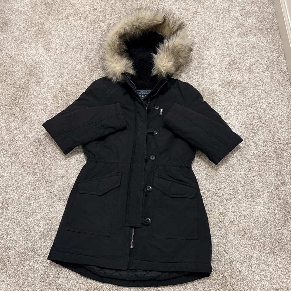 Y2K Vintage American Eagle Outfitters Fur Hood Parka Jacket | Black |‎ XS